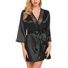TOEECY Pigiama Kimono Vestaglia Donna Sexy Scollo V Accappatoio Robe Corta in Raso Morbido Camicia da Notte Party Nightwear per Pigiameria da Sposa con Perizoma e Cintura in Raso (Nero,XL)