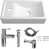 MEJE 41x23 cm Lavabo da Parete Montato a Muro, Piccolo Lavabo per Bagno di Servizio, Lavello Rettangolare in Ceramica per Bagno - Set Lavello Mancino (Incluso Rubinetto e Scarico Pop-up)