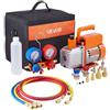 VEVOR Pompa Per Vuoto 4CFM 115L/min, Pompa Per Vuoto A Palette Rotanti Monostadio Da 180 W E 1/4 Cv Per Hvac, Kit Manometro Per Refrigerante A/c, Con Rilevatore Di Perdite, Custodia Per Il Trasporto, Per Refrigerante R134a, R22, R410a, R1234yf, R32