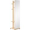 HOMCOM Specchio a Terra con Ruote - Appendiabiti, 4 Ganci Ripiano MDF Effetto Legno Chiaro