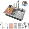 Bokaiya Lavello da Cucina a Cascata Raindance Nano in Acciaio Inox Lavandino Multifunzione con rubinetto estraibile,tagliere e altri accessori lavello da lavoro lavastoviglie 85x46x21CM (Argento)