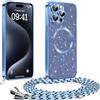 Phoona Glitter Cover per iPhone 15 Pro 6,1 con Cordino, Antiurto Silicone Protezione, Compatibile con MagSafe Cover con Cordino, Anti Graffi, Non Ingiallente, Blu