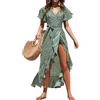 LWODANU Maxi abito estivo da donna con stampa floreale Boho lungo abito in chiffon con volant avvolgente casual con scollo a V, Verde, L