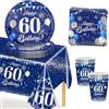MORAINJAY 53 Pezzi Set Stoviglie Compleanno Blu Argento per 60°, 60 Anni Stoviglie per Feste Include Tovaglioli,Piatti,Tovaglia,Uomo Donna Decorazioni Festa Compleanno -16 Ospiti