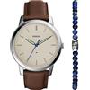 Fossil Minimalist orologio da uomo, movimento al quarzo con bracciale in acciaio o cinturino in pelle, Marrone e argento SET