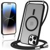 Knrlqim Magnetica Cover con Cordino per iPhone 14 Pro Max, Compatibile con Magsafe,Custodia con Laccio Collana Tracolla Corda,Traslucida Opaca Hard PC Sottile Antiurto Protettiva Case,Nero