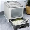 OHMG Lettiera per gatti con coperchio + accessori inclusi pala e tappetino, per gatti chiusi, grande, XXL Cat Litter Box, vassoio estraibile (cenere, 50 x 37 x 38 cm)