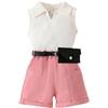 HEOXIN Set di vestiti per neonate, scollo a V, polo colletto senza maniche, gilet a coste, pantaloncini con tasche, abbigliamento estivo, per ragazze, rosa, 6 mesi-3 anni, Colore: rosa, 6-9 Mesi