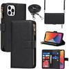 Cavor Cover Compatibile Con iPhone 12/12 Pro con Cordino,Flip Portafoglio Custodia in pelle,[9 Porta Carte][Magnetico],Custodia Libro Cover con Laccio Compatibile Con iPhone 12/12 Pro - Nero