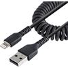 StarTech.com Cavo Lightning a USB-A da 50cm Certificato MFi, Cavetto iPhone Spiralato di Ricarica in Fibra Aramidica Resistente con Rivestimento TPE, Adattatore Lightening USB Nero (RUSB2ALT50CMBC)