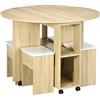 HOMCOM Set Tavolo e Sedie 5 Pezzi in Truciolato, Tavolo Rotondo Pieghevole con 2 Ripiani Aperti e 4 Sgabelli color Rovere