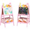 AIYAPLAY Cavalletto Artistico per Bambini 3-8 Anni con Lavagna Bianca, Lavagna Nera e 2 Cestini Contenitori, Cavalletto per Bambini in Legno, 53.5x49x113 cm, Rosa