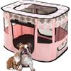 ALLSOPETS Recinto per Cani da Interno Pieghevole, Anche per Esterno, Box Traspirante Portatile per Gatti Conigli Cuccioli con Borsa da Trasporto, per Viaggi e Campeggio (Quadri Rosa, M)