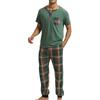Generisch Pigiama corto da uomo, estivo, a maniche corte, con parte superiore e pantaloni lunghi a quadri, per la casa, con scollo a V, t-shirt, in cotone, per il tempo libero, confortevole, verde, L