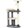PawHut Albero Tiragraffi per Gatti Adulti a 3 Livelli con Pali in Sisal e Pallina, Castello per Gatti in Legno Truciolare e Peluche, 59.5x39.5x105cm, Grigio