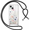 Yirlbey Cover per iPhone 14 / iPhone 13 6,1 con Cordino, Custodia Trasparente con Fiori di Campo Disegni Aesthetic Laccio Tracolla Corda, Protective Case Rigida Collana Antiurto Sottile per Ragazza