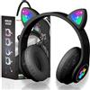 OHAANYY Cuffie Bluetooth per Bambini Wireless con Luce LED, Orecchie di Gatto, Pieghevoli sull'Orecchio, Microfono, Micro SD - Regalo di Natale/Compleanno per Ragazze (Nero)