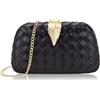 Milisente Pochette da donna in pelle sintetica intrecciata, per matrimoni, serate, con chiusura a fibbia a foglia, colore nero