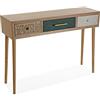 VERSA Bridge Consolle Ingresso, Tavolo Consolle, Tavolino Ingresso, Tavolo Salotto, con 3 cassetti, Misure (A x L x l) 77 x 30 x 107 cm, Legno, Colore Bianco, Verde e Marrone