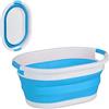 Relaxdays Cesto Portabiancheria Pieghevole, 24 Litri, Contenitore Salvaspazio in Plastica con Impugnature, Blu Bianco