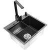 TIXBYGO Lavello da incasso in acciaio inox con rubinetto, nero, 40x45 cm, lavello da cucina in granito per mobiletto, con rubinetto da cucina girevole a 360°, lavello, dispenser di sapone, scarico e scarico