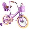 RULLY Bici da bambino da 14 pollici per bambine da 3 a 5 anni con ruote stabilizzatrici, freno anteriore, cestello, nastri decorativi - colore viola