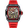 Forsining - Orologio da uomo, forma tonneau, scheletro meccanico automatico con quadrante grande, orologio da polso alla moda per affari e abbigliamento elegante, cinturino in silicone, Rosso