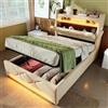 VICONELISE Letto Singolo con Contenitore 90x200 cm con LED e USB e Tipo C, Struttura Letto Imbottito con Vano Portaoggetti e Testiera, Letto Contenitore con Spazio e Rete a Doghe, Senza Materasso(Beige)
