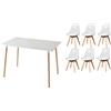JZGORC Set di 6 Sedie da Pranzo e Tavolo da Cucina, Tavolo da Pranzo Rettangolare in Legno Bianco, Sedie Moderne Nordiche Trasparenti, per Sala da Pranzo, Cucina, Soggiorno (Bianco + Bianco)