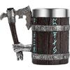 OTARTUDE Tazza vichinga con manico a ascia, boccale da birra in legno di rovere nordico, vichingo nordico in acciaio inox, 550 ml, regalo vichingo per uomo, festa del papà