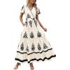 ticticlily Vestiti Lunghi Donna Eleganti Casuale Estivi Vestito Manica Corta Scollo V Vita Alta Elastica Boho Stampa Abiti da Spiaggia Casuale Abito A Line Swing Maxi Dress A Beige S