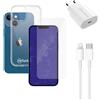 Caricatore rapido (20W), cavo (lightning), protezione dello schermo del telefono e custodia trasparente per il telefono | iPhone 13 Mini | transparente