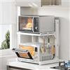 ABCOOL Scaffale retrattile regolabile a 2 assi per forno a microonde, espandibile e regolabile in altezza, in acciaio al carbonio, piano di lavoro con 3 ganci a clip, supporto per forno elettrico