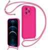 Coalbooliy Cover per iPhone 12 Pro 6,1 con Cordino per Cellulare, Custodia Silicone con Regolabile Collana Sottile Morbida Case Protezione della fotocamera Antiurto con Necklace, Rosa Rossa