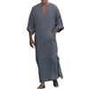Generisch T-shirt Top Camicette Uomo Scollo a V Lino Manica Lunga Caftano Thobe Abito Lungo Camicia Robe Casual Abito Musulmano, grigio., 5XL