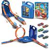 Charmofun Pista Macchinine 2 in1, Giocattolo Piste da Corsa con 6 Auto, Scatola Immagazzinaggio, Piste Macchinine per Bambini con Anello e Binari a U, Portatile Pista per Bambini 3+ Anni (Blu)