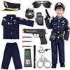 Hengrongshen Costume Poliziotto Bambino, Vestito Poliziotto Bambino con Cappello Camicia Pantaloni Manette Distintivo Polizia e altri Accessori Polizia per Halloween Carnevale (10-12 anni)