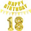 Ohaoduo 2 palloncini a forma di numero 18 oro + ghirlanda Happy Birthday + banner dorato, 18 anni, decorazione per il compleanno di ragazze, 18 anni, decorazione con numeri, 18 palloncini per 18 compleanni