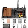 OMGMTSTORE Lavandino Cucina Nero Antracite 70 x 50 cm,Lavello Cucina 1 vasca con LED rubinetto estraibile,Multifunzione Cucina in acciaio inox,Lavabo Cucina con Sifone Antiodore e Kit Scarico Completo