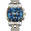 PINDOWS Orologio da uomo di lusso con diamanti, analogico, al quarzo, impermeabile, con datario luminoso, cinturino in acciaio inox bicolore classico, stile business casual, 651n3: Due Toni/Blu
