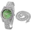 HALUKAKAH Orologio Diamanti Iced Out per Ragazzi Adolescenti - Placcato Platino,Quadrante Verde 36mm,Lunghezza 20cm,con Catena Cubane 40cm e Strumento di Regolazione - Scatola Regalo Dorata