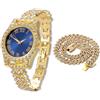 HALUKAKAH Orologio Diamanti Iced Out per Ragazzi Adolescenti - Placcato Oro 18 Carati,Quadrante Blu 36mm,Lunghezza 20cm,con Catena Cubane 40cm e Strumento di Regolazione - Scatola Regalo Dorata