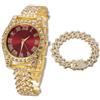 HALUKAKAH Orologio Diamanti Iced Out per Ragazzi Adolescenti - Placcato Oro 18 Carati,Quadrante Rosso 36mm,Lunghezza 20cm,con Catena Cubane 18cm e Strumento di Regolazione - Scatola Regalo Dorata