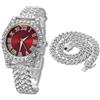 HALUKAKAH Orologio Diamanti Iced Out per Ragazzi Adolescenti - Placcato Platino,Quadrante Rosso 36mm,Lunghezza 20cm,con Catena Cubane 40cm e Strumento di Regolazione - Scatola Regalo Dorata