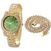 HALUKAKAH Orologio Diamanti Iced Out per Ragazzi Adolescenti - Placcato Oro 18 Carati,Quadrante Verde 36mm,Lunghezza 20cm,con Catena Cubane 40cm e Strumento di Regolazione - Scatola Regalo Dorata