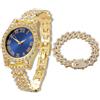 HALUKAKAH Orologio Diamanti Iced Out per Ragazzi Adolescenti - Placcato Oro 18 Carati,Quadrante Blu 36mm,Lunghezza 20cm,con Catena Cubane 18cm e Strumento di Regolazione - Scatola Regalo Dorata