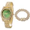 HALUKAKAH Orologio Diamanti Iced Out per Ragazzi Adolescenti - Placcato Oro 18 Carati,Quadrante Verde 36mm,Lunghezza 20cm,con Catena Cubane 18cm e Strumento di Regolazione - Scatola Regalo Dorata