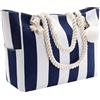 crazy bean Borsa da Spiaggia in Tela Grande Donna con Chiusura Zip Beach Tote Bag Corda Ruvida Tessuto Shopper Viaggio Tracolla (Blu Strisce)