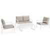 Set salotto HILDE con 1 divano, 2 poltroncine e 1 tavolino in alluminio bianco, con cuscini