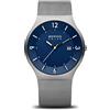 BERING Solar 14440-007 Orologio da polso da uomo, cassa in acciaio inossidabile grigia da 40 mm e quadrante blu, cinturino in maglia milanese, vetro zaffiro, 5 ATM